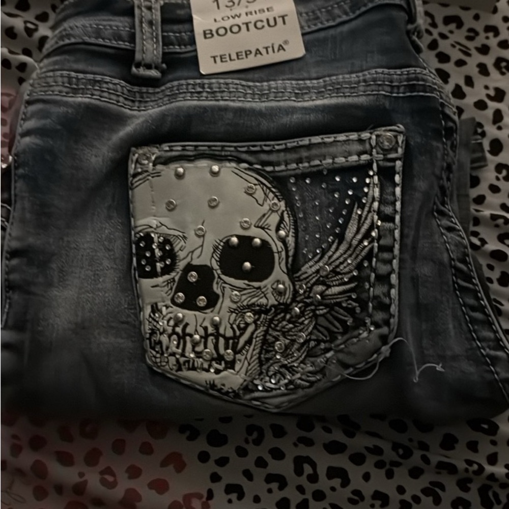 Telepatía Women's Black Wash Bootcut Jeans with Embellished Skull Pocket